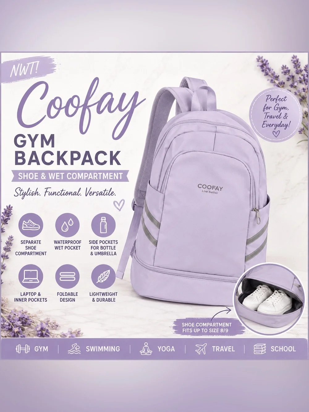 NWT Coofay Lavender Gym Backpack Shoe & Wet Compartment